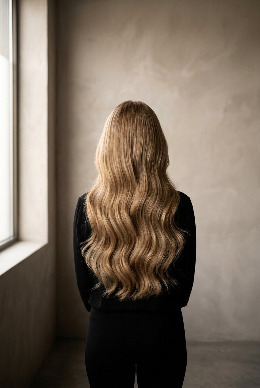 Long, blended honey-blonde hair from behind