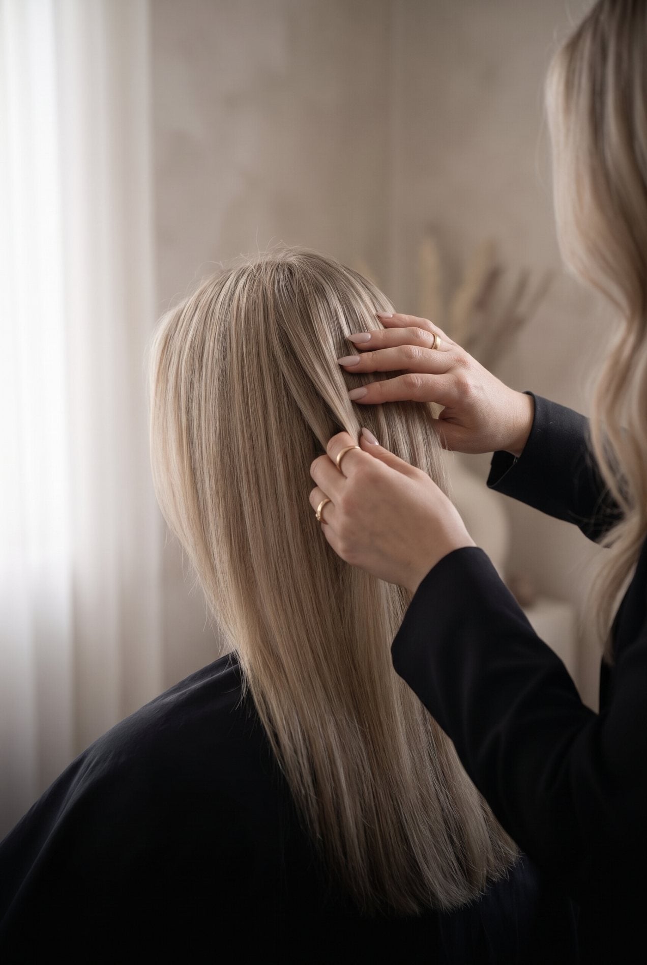 An educator's hands placing a no-sew butterfly weft row on a client
