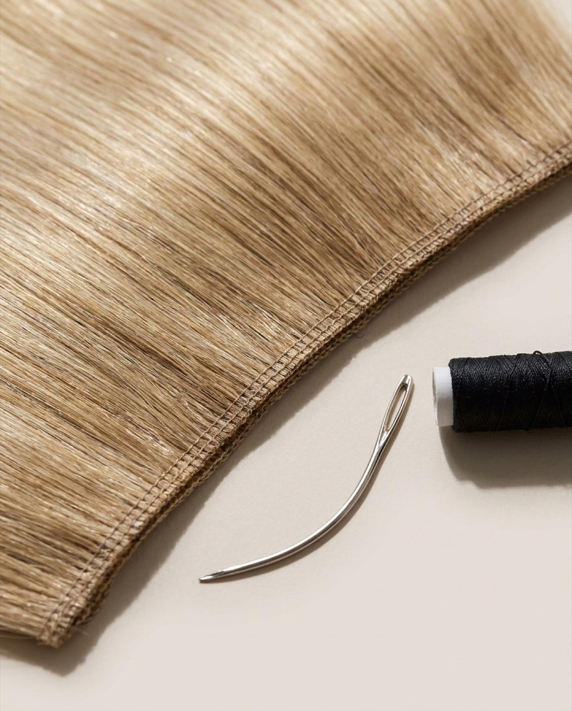 Close-up of the stitched track, with a curved needle and thread