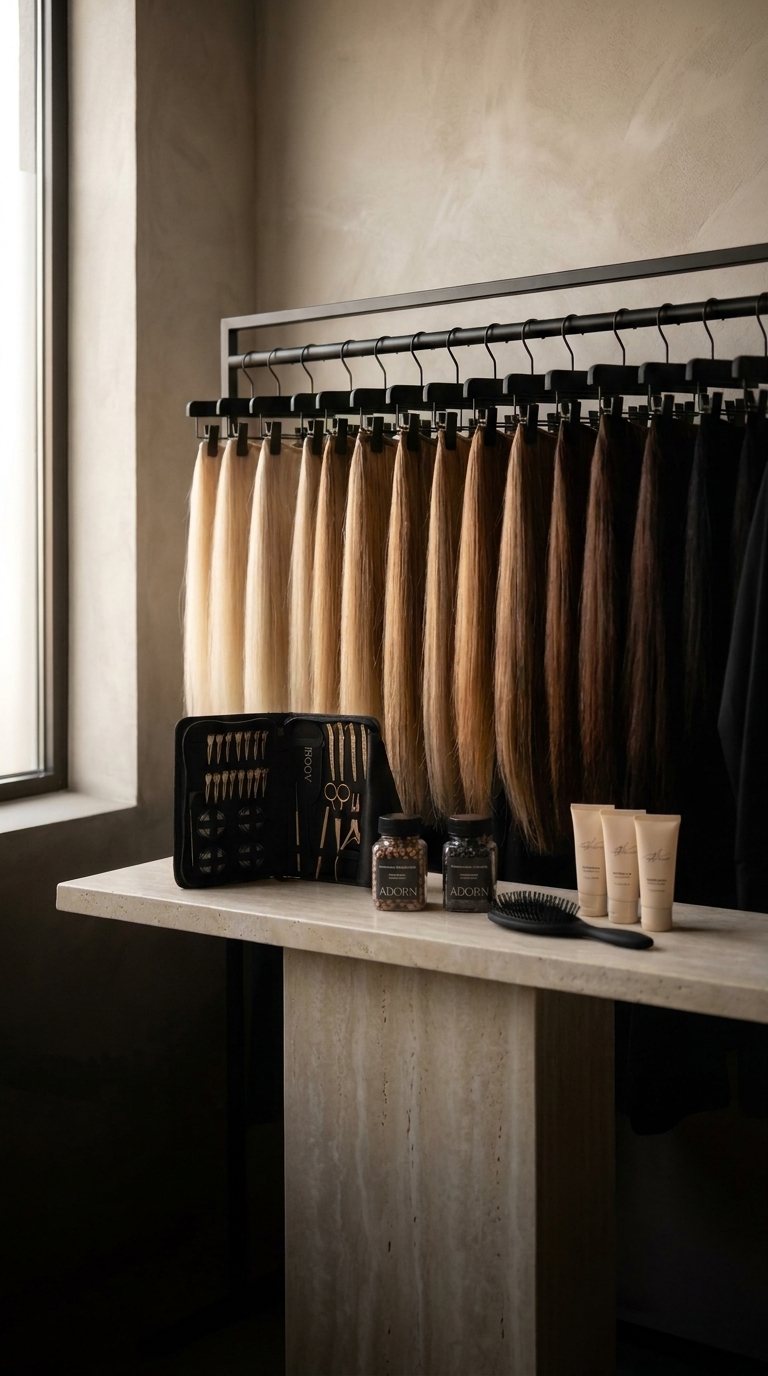 Adorn wefts on a rail, with the tool kit, beads, aftercare and brush on a travertine console